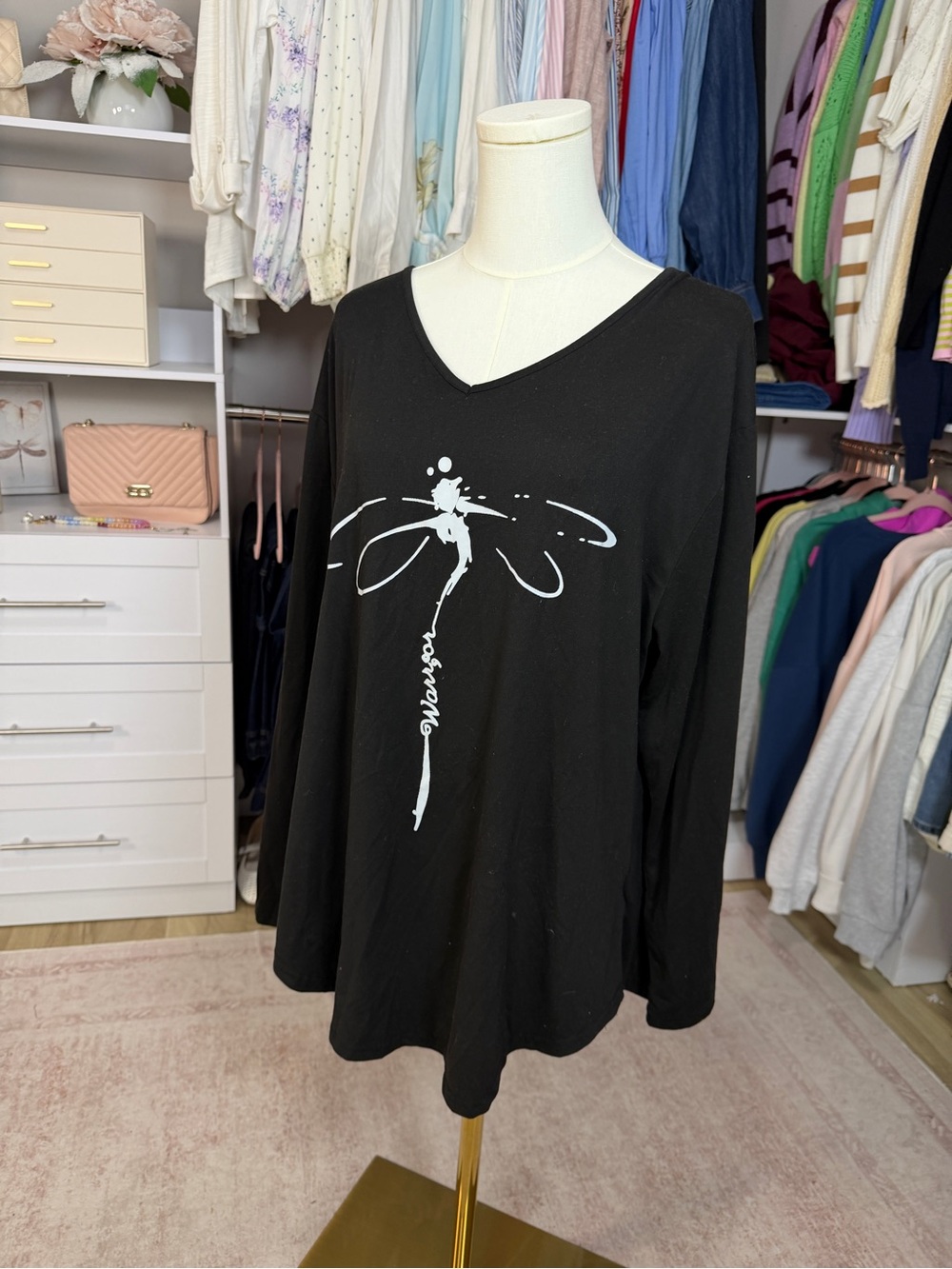 Black V-Neck Long Sleeve Top with White Dragonfly Graphic
